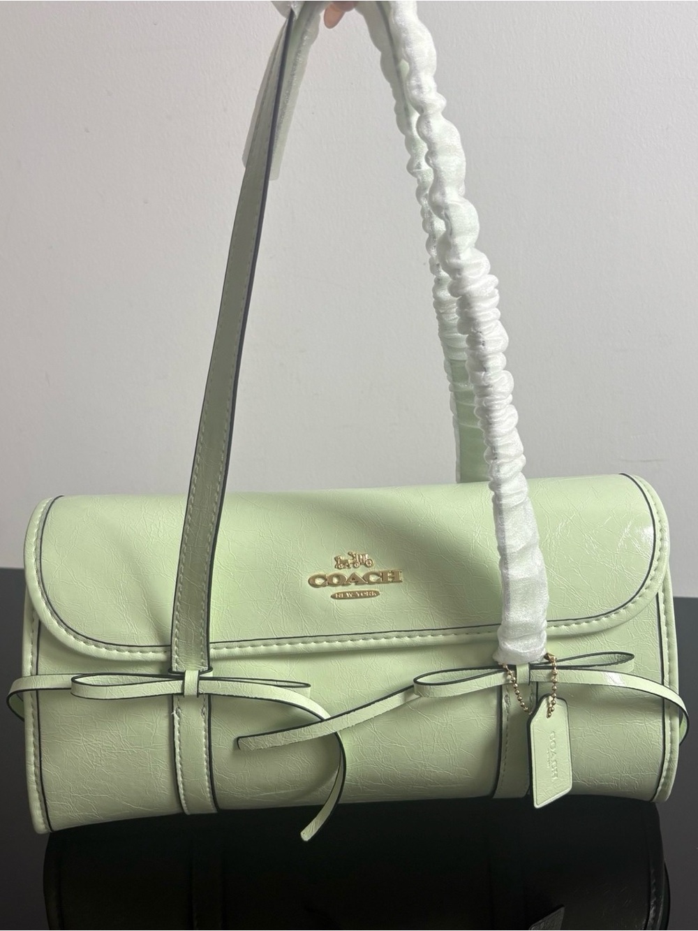 Coach Pale Mint Green Leather Shoulder Bag with Bow Straps